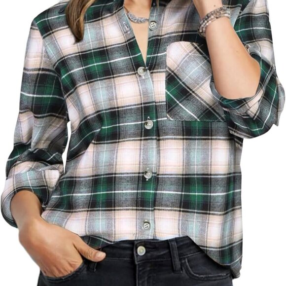 Tops - Womens Plaid Shirts Cotton Classic Long Sleeve Button Down Collared Casual Tops